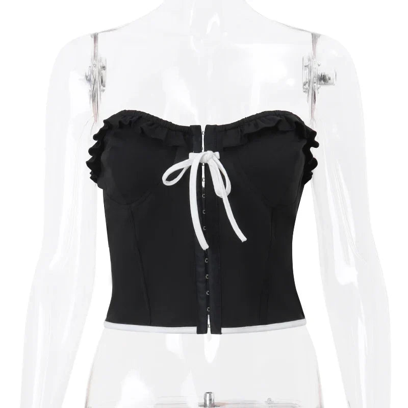 Strapless Sweetheart Neck Hook Front Bow Corset Crop Top 7