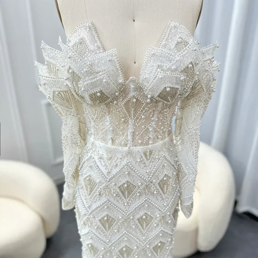 Beaded Off Shoulder Long Sleeve Mermaid Maxi Gown