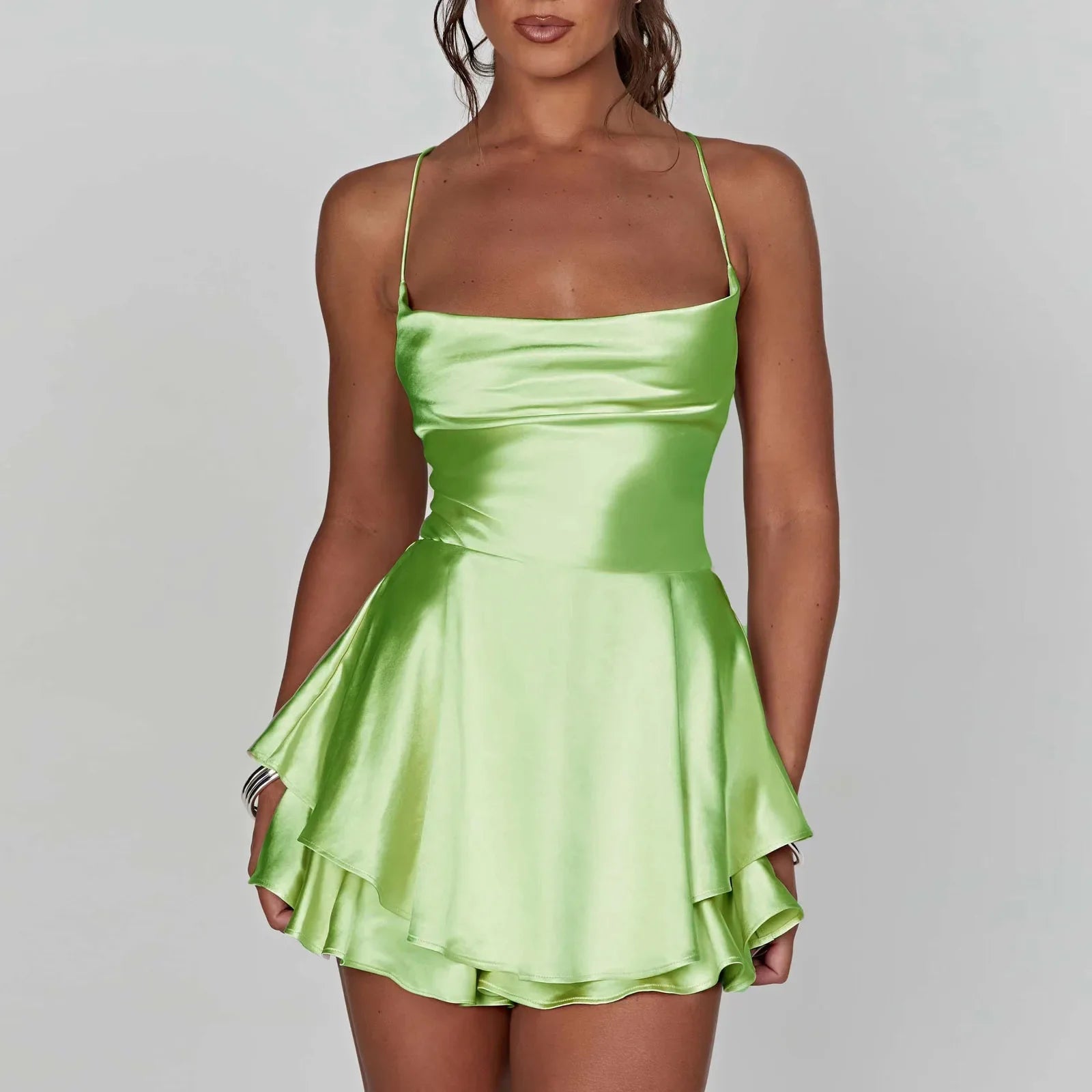 Satin Cowl Neck Tie Back Romper Mini Dress - View 10