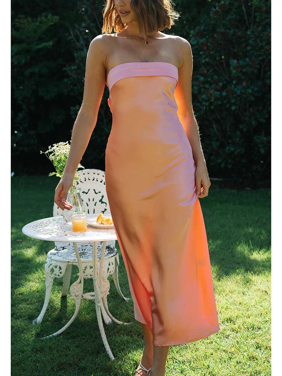 Satin Strapless Fold Over Bust Column Slip Maxi Dress