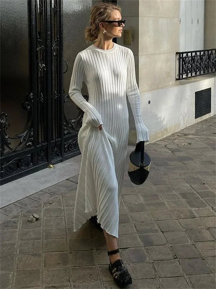 Ribbed Knit Mock Neck Bell Sleeve Bodycon Maxi Dress