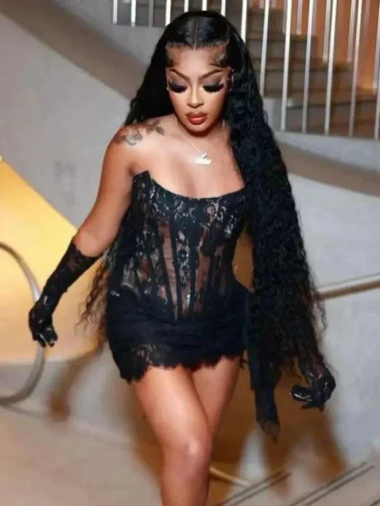 Strapless Sheer Lace Corset Scalloped Hem Bodycon Mini Dress