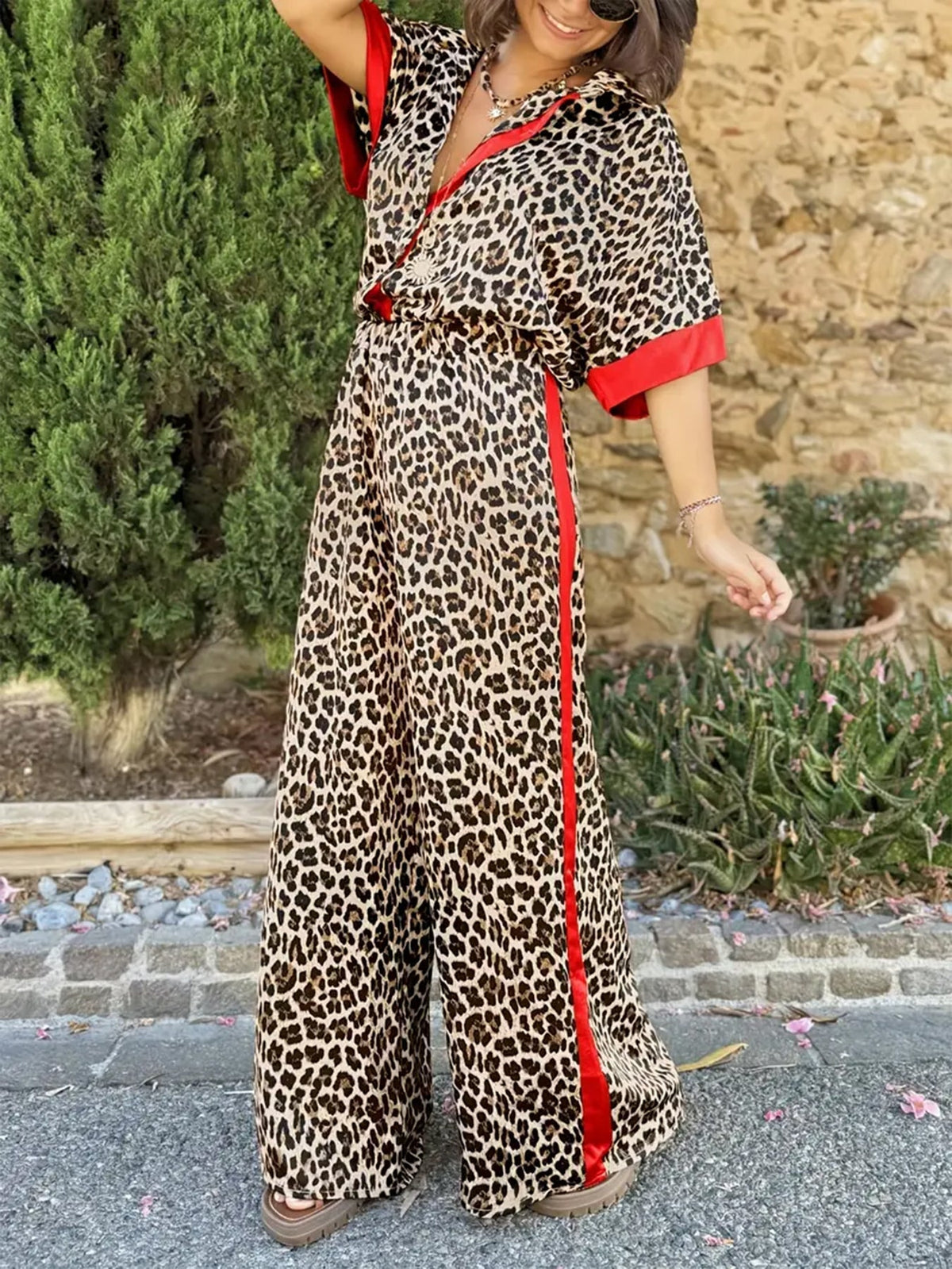 Leopard Print Contrast Trim Shirt and Wide Leg Pants Two Piece Set