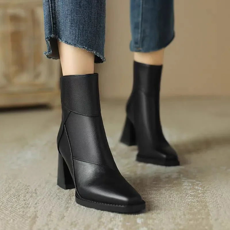 Faux Leather Pointed Toe Chunky Block Heel Ankle Boots