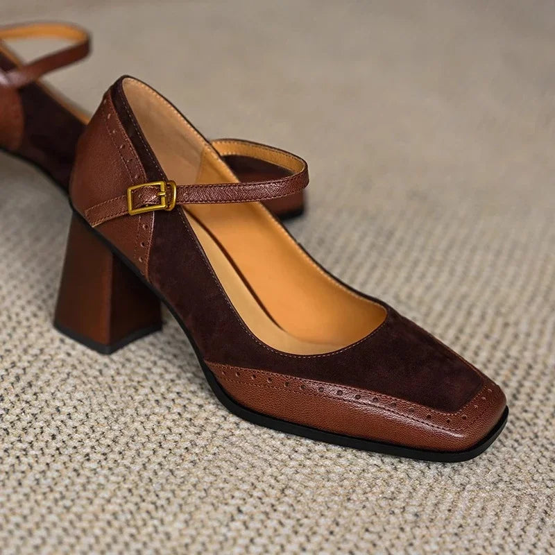 Square Toe Ankle Strap Block Heel Mary Jane Pumps