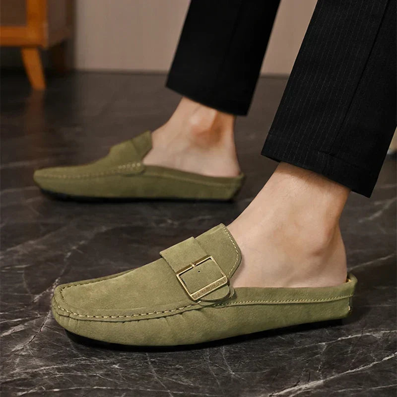 Suede-Look Buckle Backless Loafer Mules