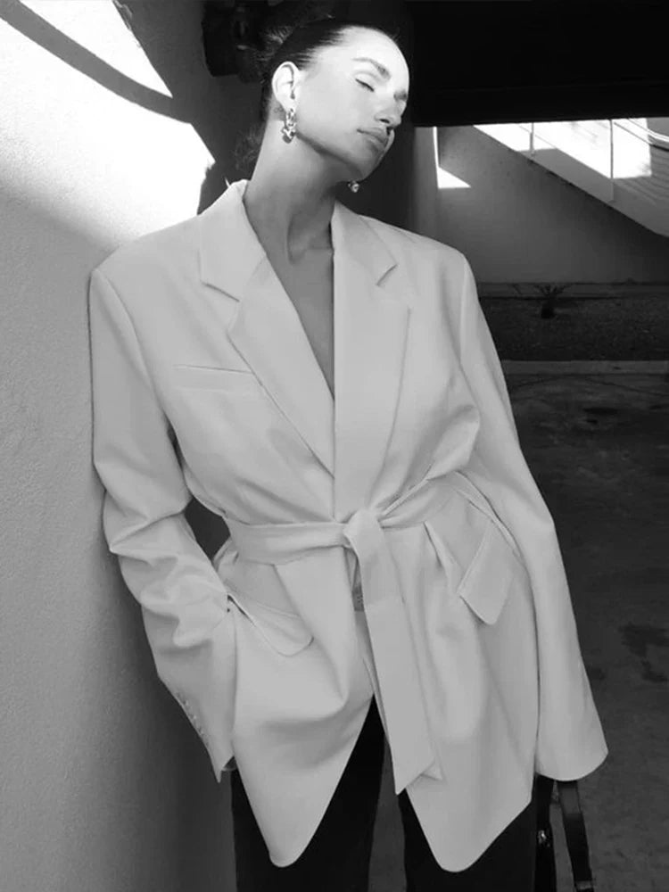 Deep V-Neck Notched Lapel Tie Waist Blazer Mini Dress