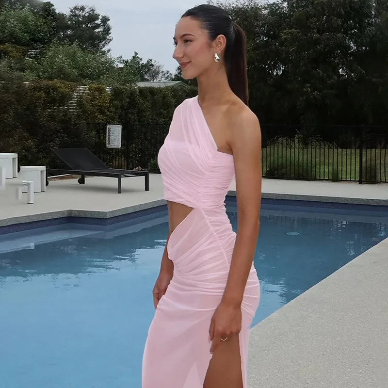 One Shoulder Ruched Mesh Cut Out High Split Maxi Dress 18
