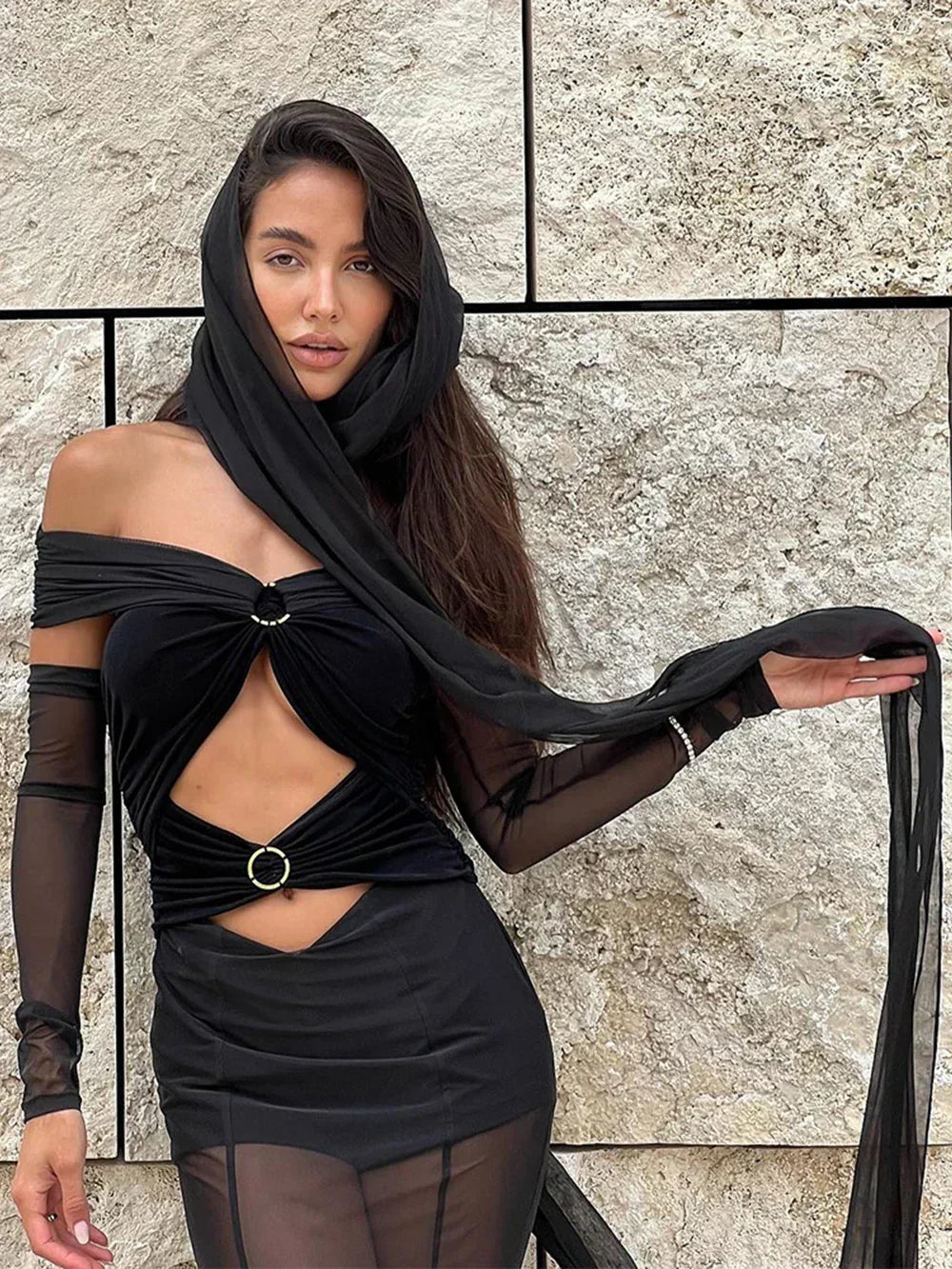 Off The Shoulder Mesh Folded Scarf Maxi Dress - View 3