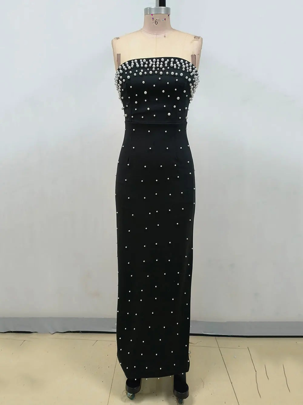 Pearl Embellished Strapless Tube Bodice Bodycon Maxi Gown