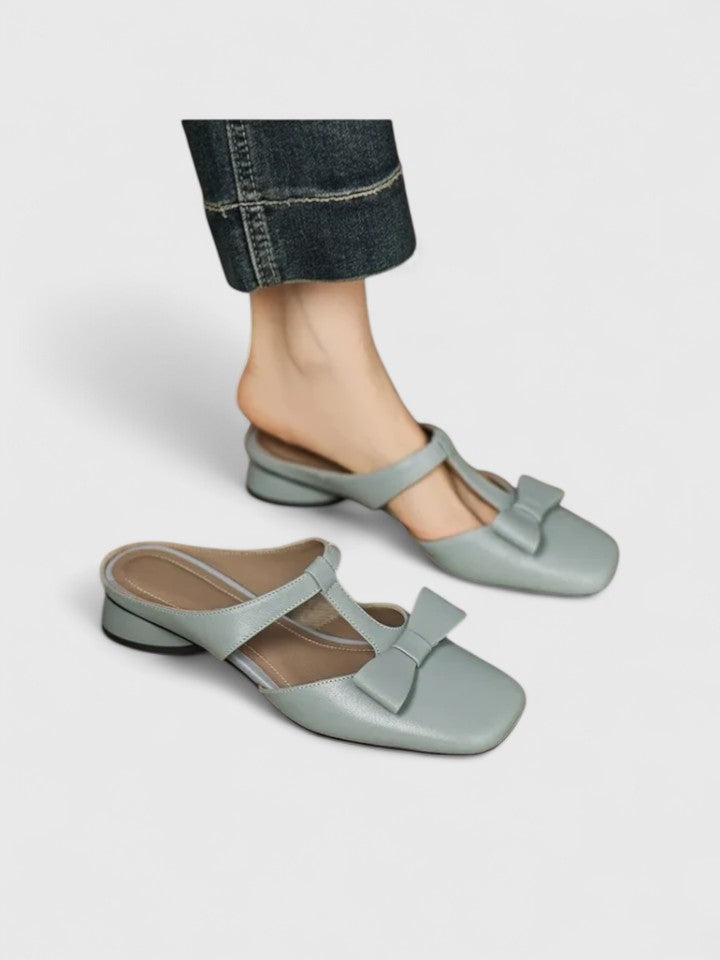 Square Toe Bow T-Strap Low Block Heel Mules