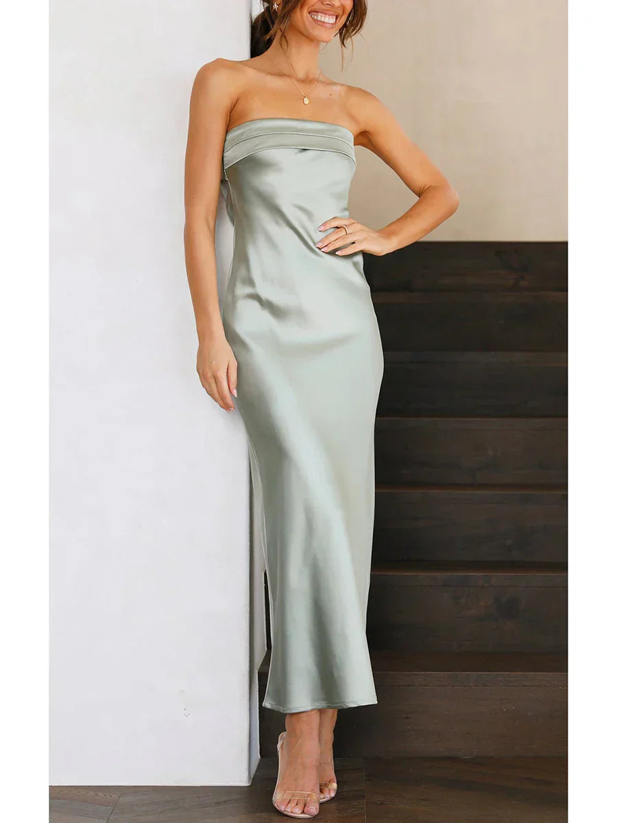 Satin Strapless Fold Over Bust Column Slip Maxi Dress