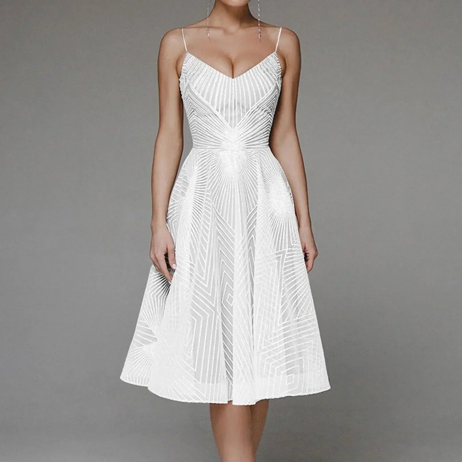Sequin Mesh Geometric Pattern Spaghetti Strap Sweetheart Fit and Flare Cocktail Dress