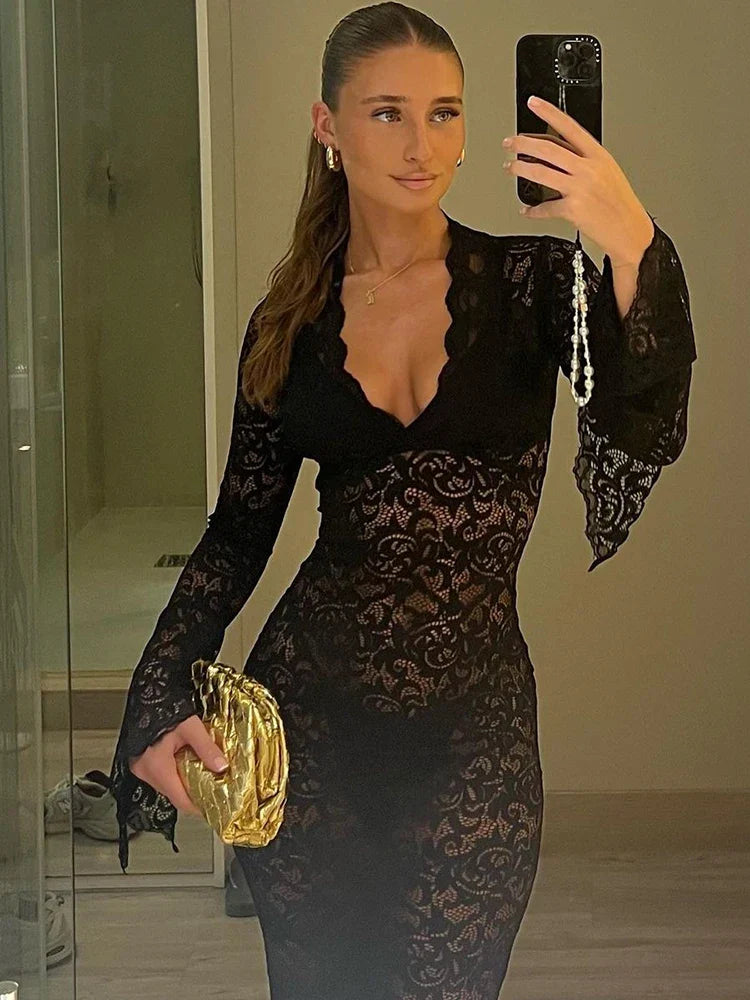 Floral Mesh Flare Sleeve Maxi Dress - View 5
