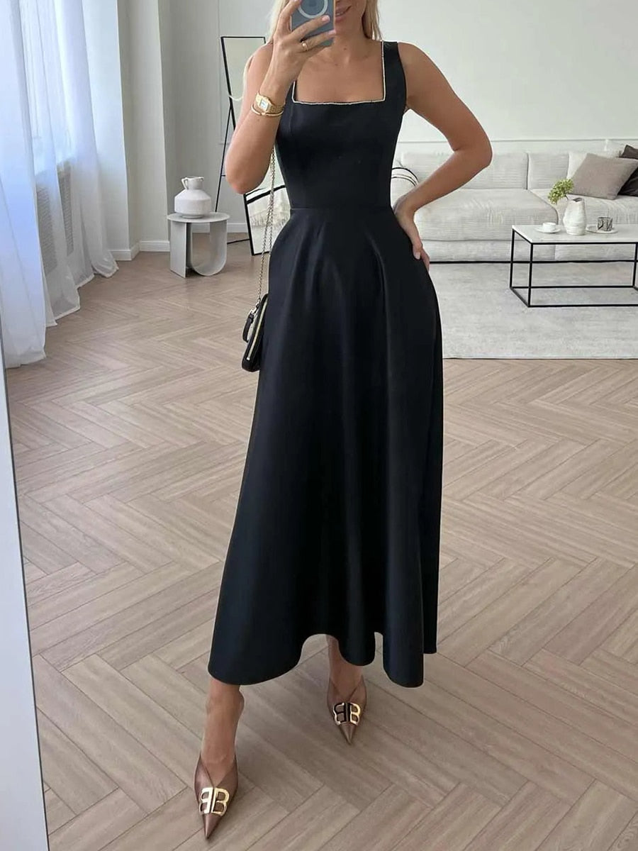 Satin Square Neck Rhinestone Trim Wide Strap Fit and Flare Formal Maxi Gown