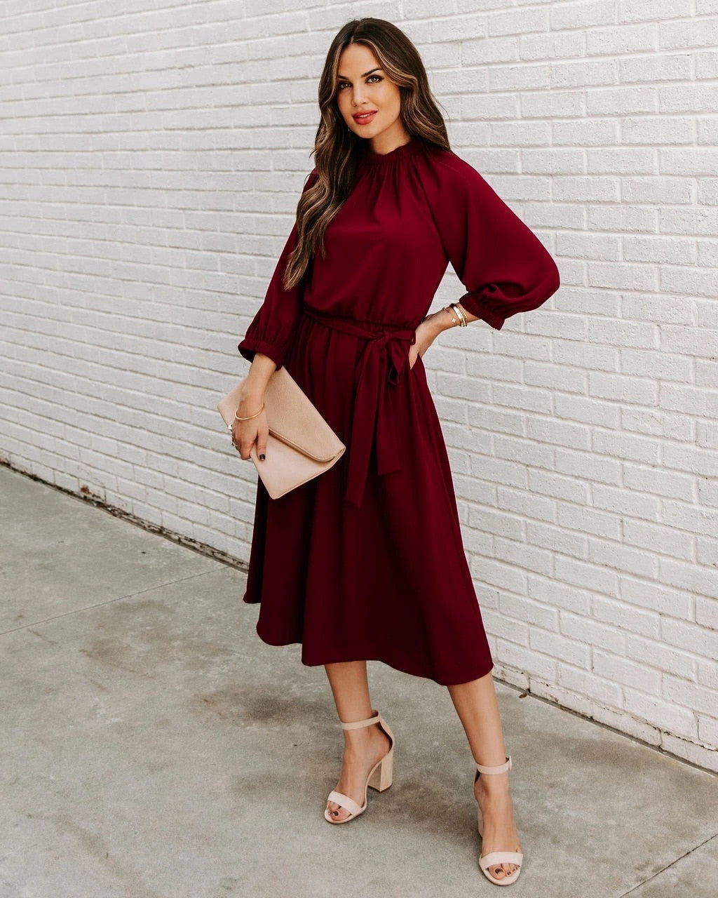 Mock Neck Long Sleeve Belted A-Line Midi Dress