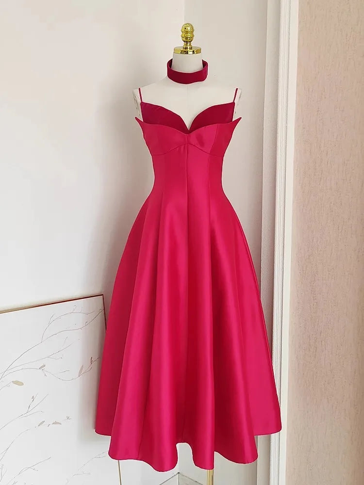 Satin Sweetheart Spaghetti Strap Fit and Flare Midi Dress