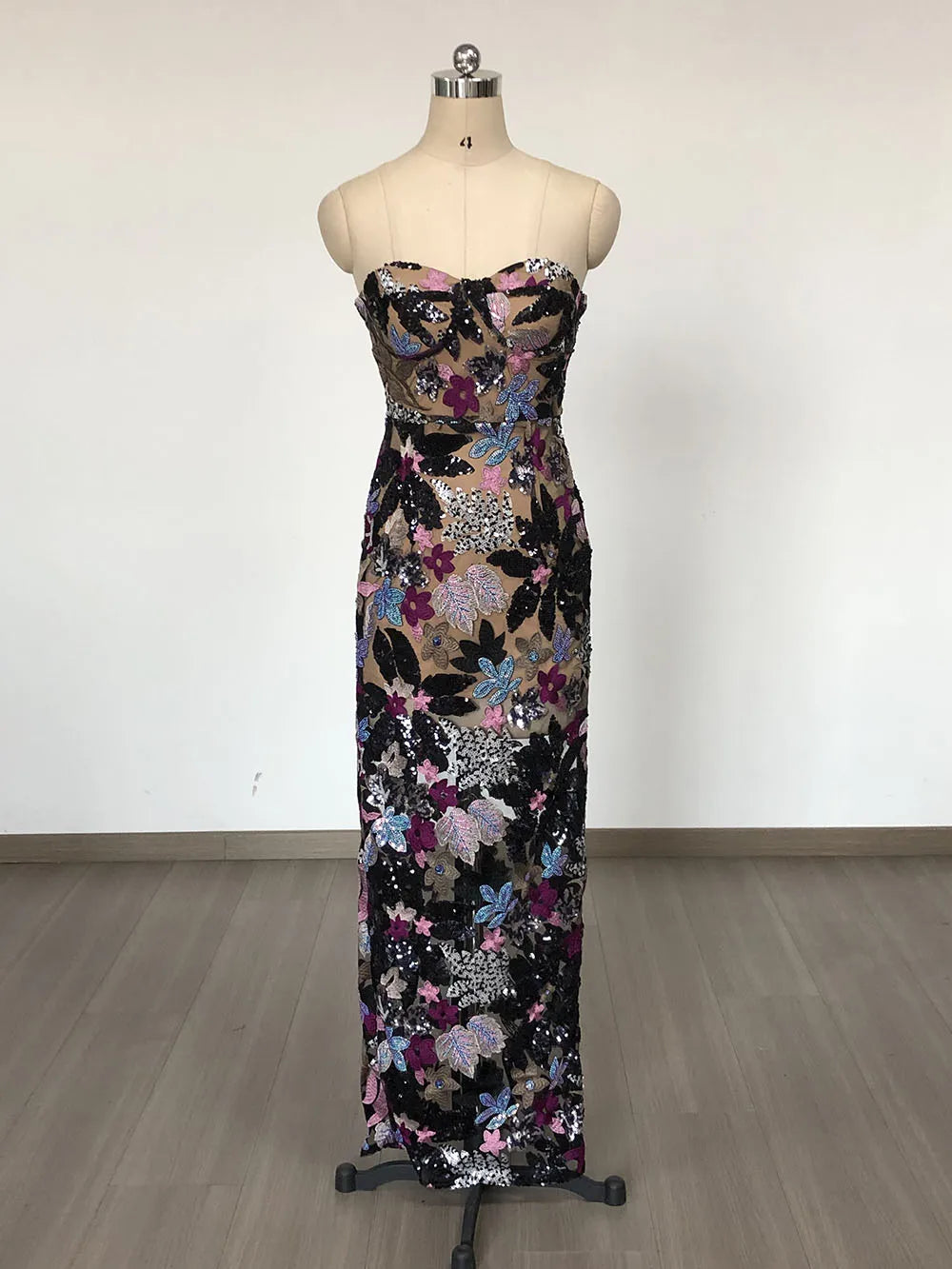 Sequin Floral Strapless Sweetheart Bodycon Maxi Dress