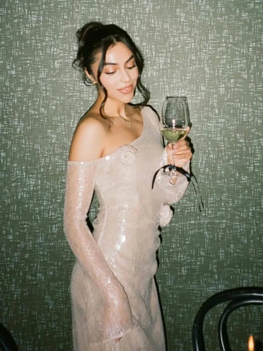 Sequin One Shoulder Long Sleeve 3D Floral Bodycon Maxi Dress