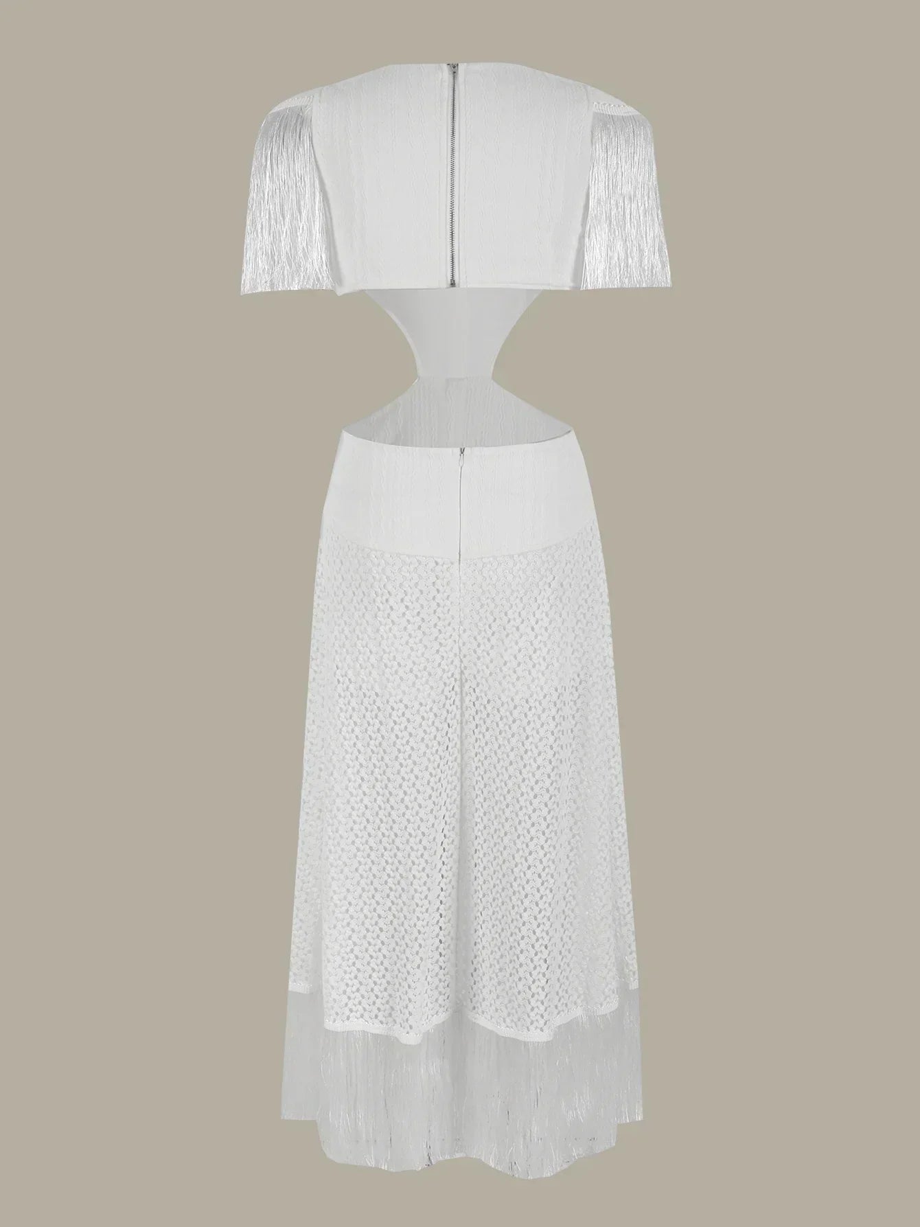 Crochet Knit Deep V-Neck Waist Cut Out Fringe High Split Maxi Dress