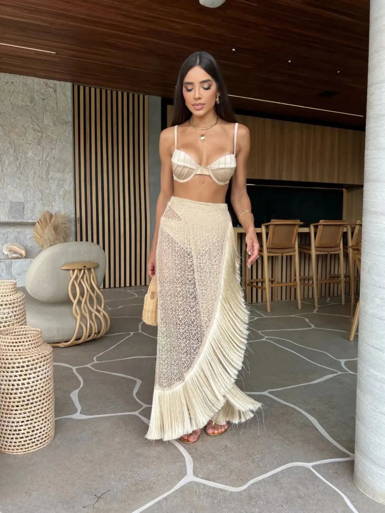 Crochet Knit Deep V-Neck Waist Cut Out Fringe High Split Maxi Dress