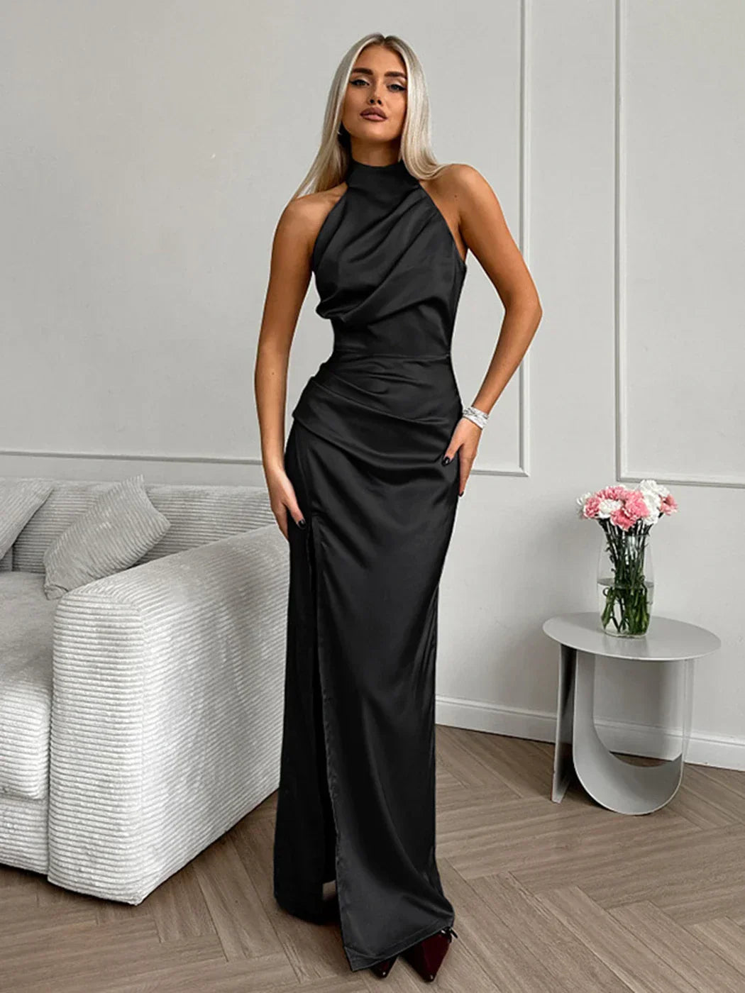 Satin Halter Neck Ruched Bodice High Split Bodycon Maxi Gown