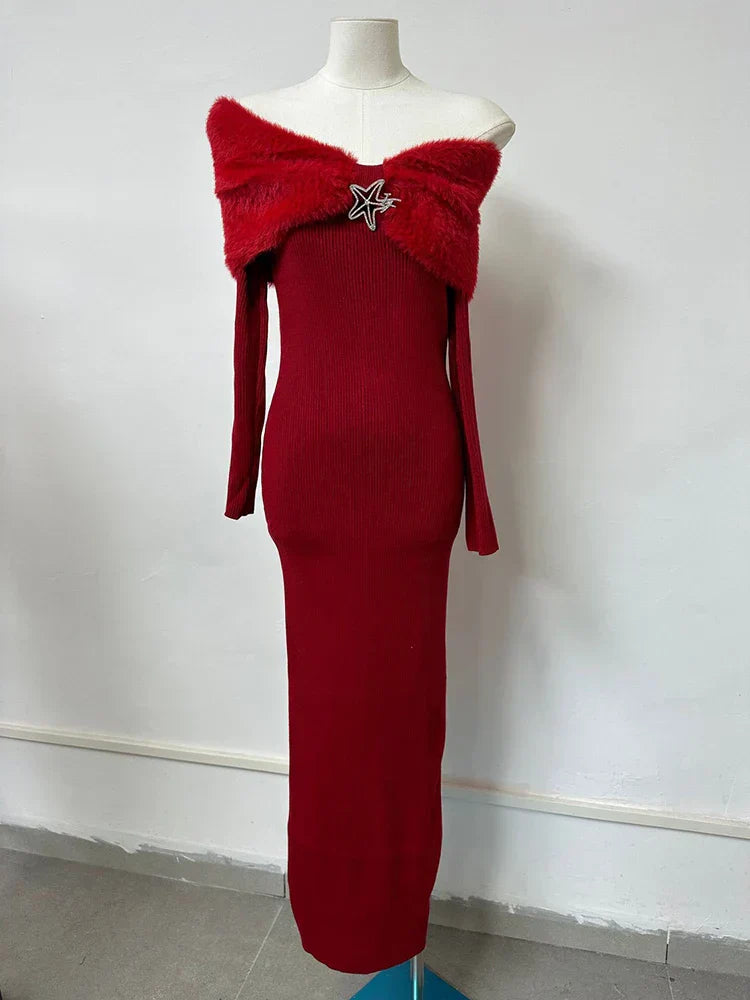 Off Shoulder Faux Fur Collar Ribbed Knit Long Sleeve Bodycon Midi Dress