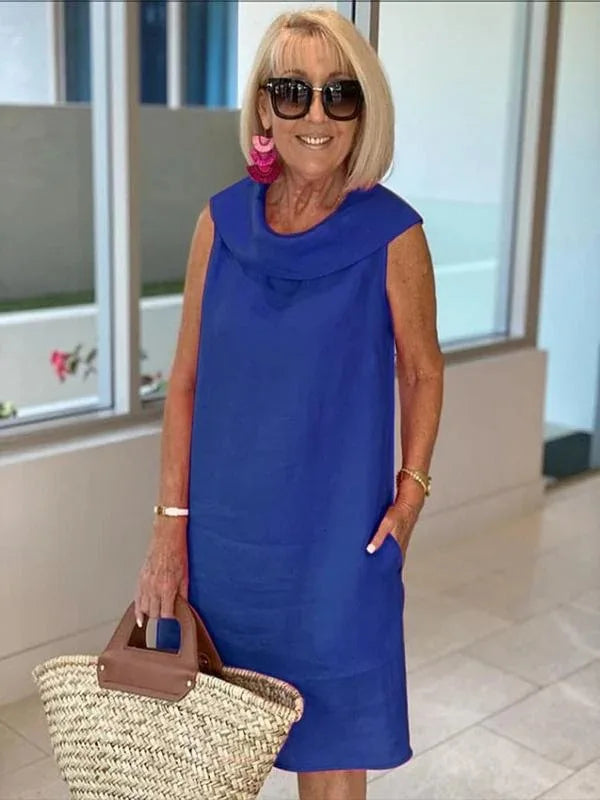 Cowl Neck Sleeveless Shift Midi Dress