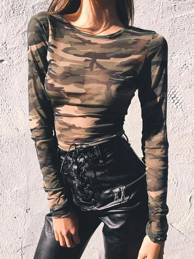 Camouflage Print Mesh See Through Long Sleeve Sheer Top