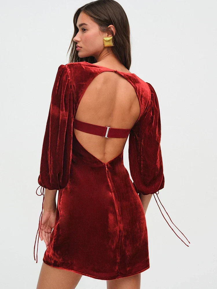 Velvet Puff Sleeve Open Back Tie Cuff Mini Dress