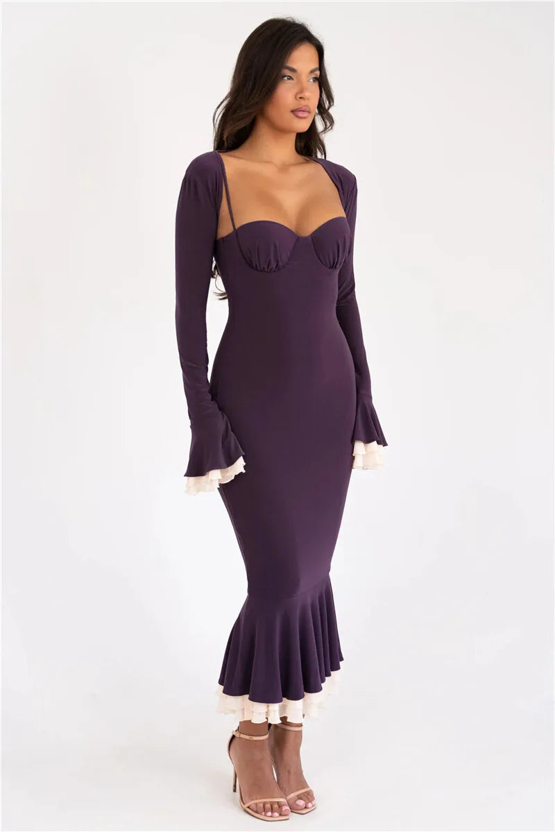 Sweetheart Spaghetti Strap Ruffle Trim Mermaid Midi Dress Two-Piece Set