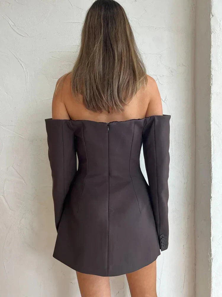Off Shoulder Button Front Long Sleeve Blazer Mini Dress