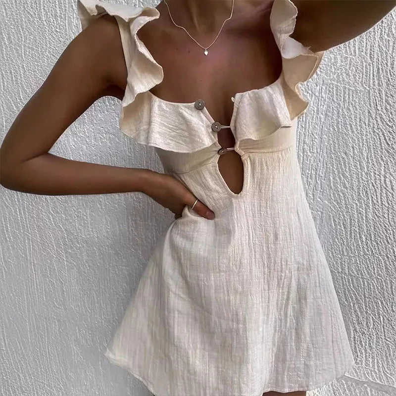Square Neck Ruffle Button Front Cut Out Mini Summer Dress