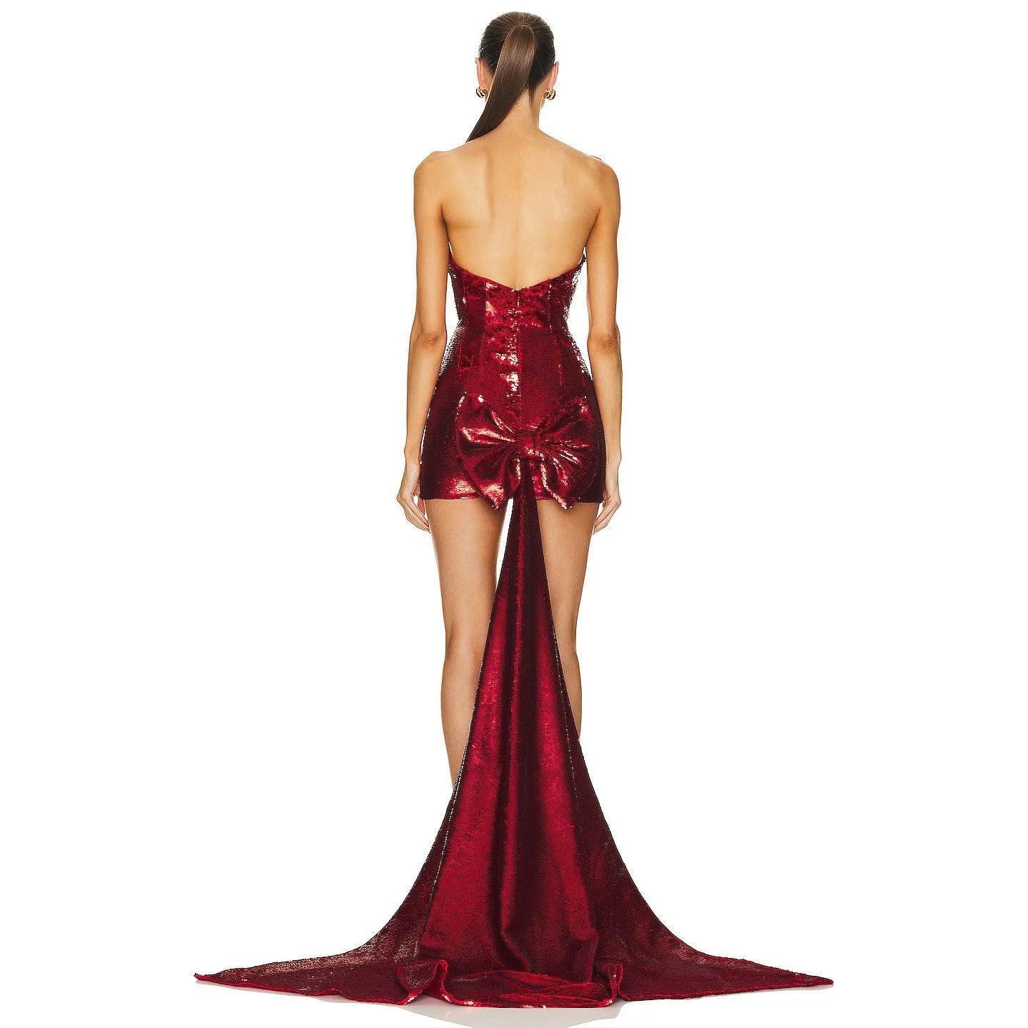 Sequin Strapless Corset Bow Back Fishtail Mini Dress