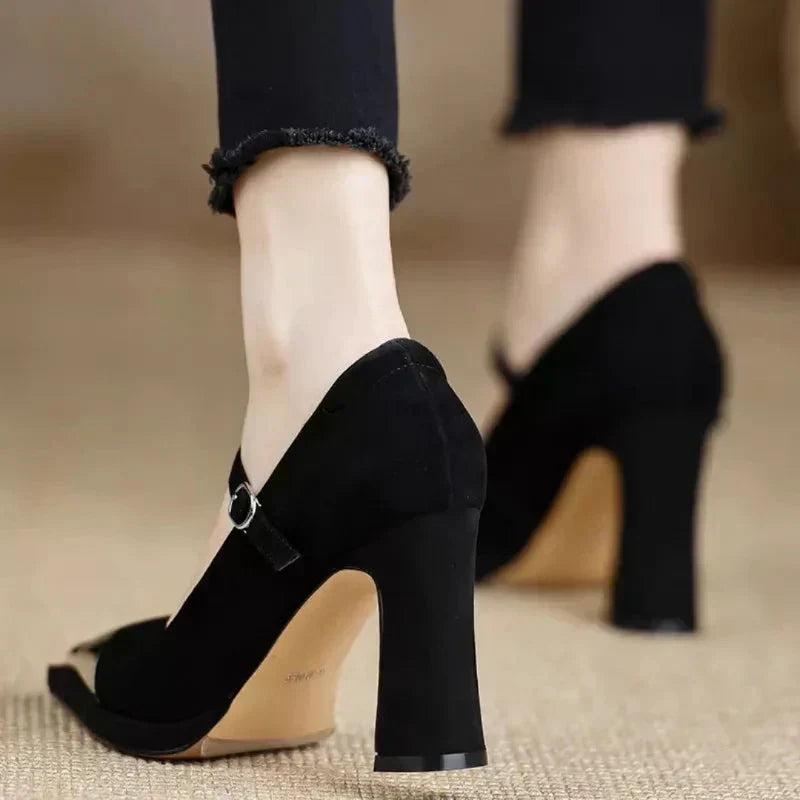 Pointed Toe Metal Cap Ankle Strap Block Heel Pumps