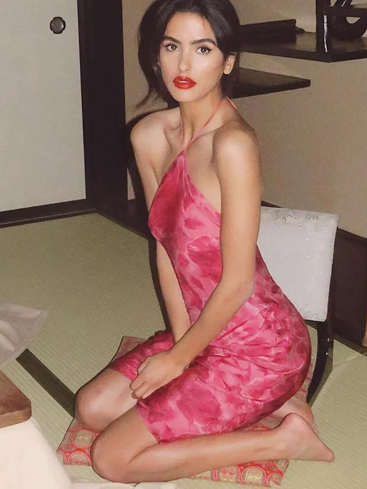 Floral Print Halter Neck Backless Slip Midi Dress