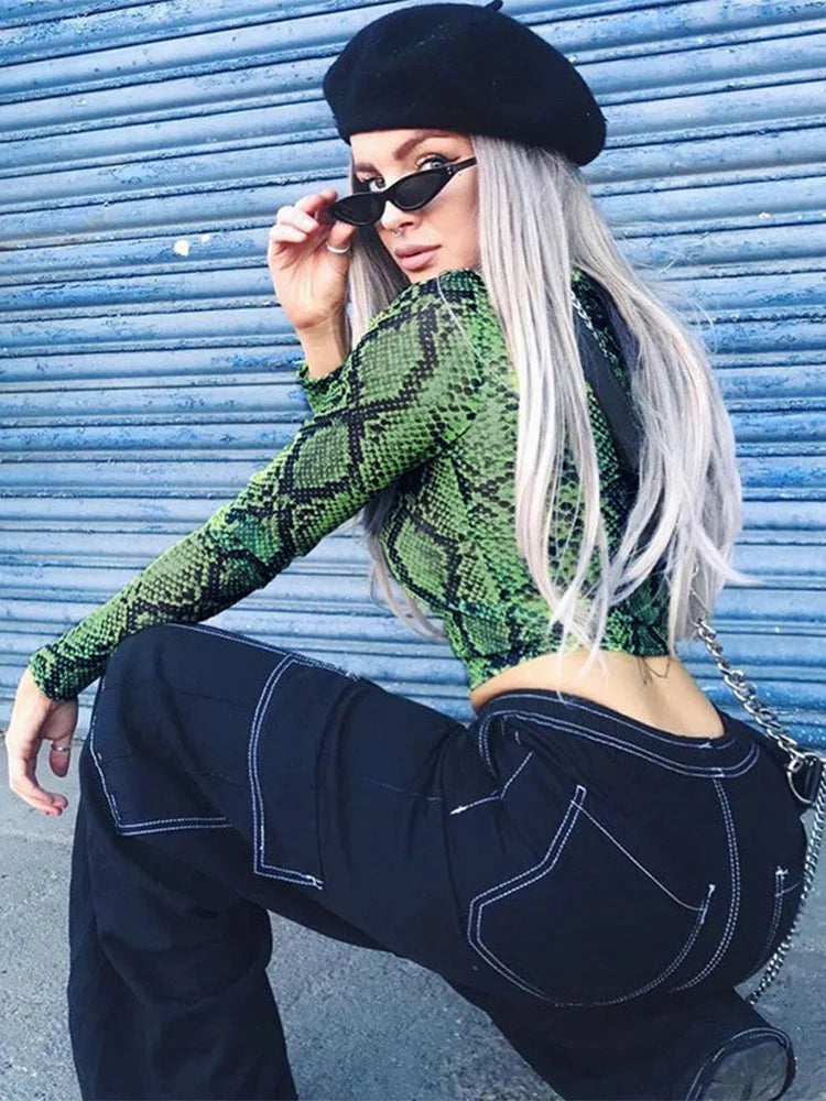 Casual Green Snake Print Mesh Sheer Top