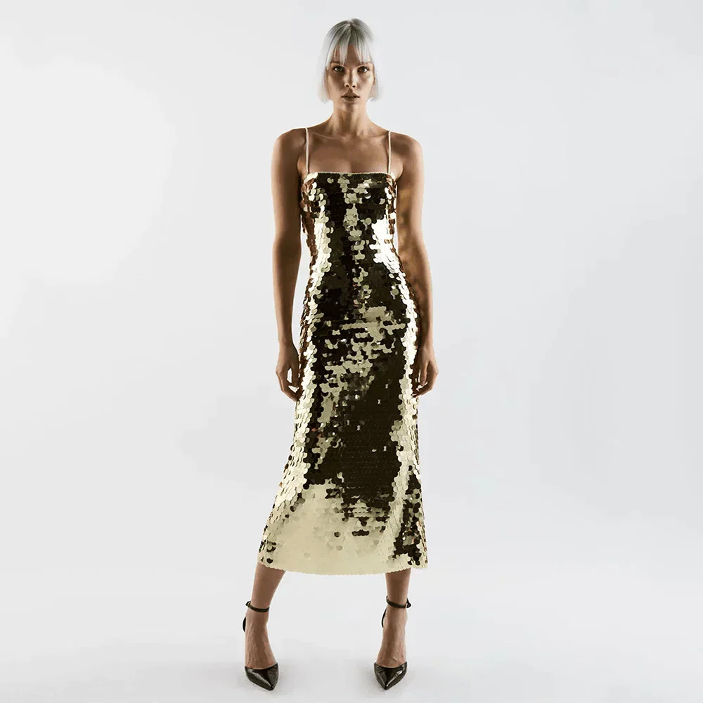 Sequin Spaghetti Strap Asymmetric Fringe Hem Bodycon Midi Dress