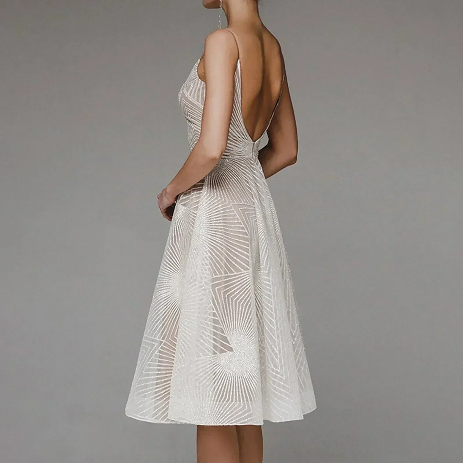 Mesh Overlay Spaghetti Strap Deep V-Neck Geometric Fit and Flare Midi Dress