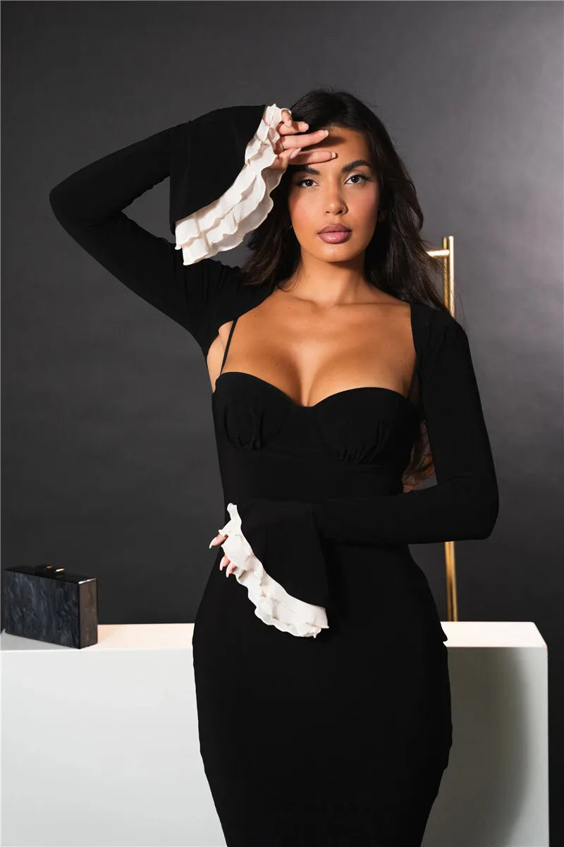 Sweetheart Spaghetti Strap Ruffle Trim Mermaid Midi Dress Two-Piece Set