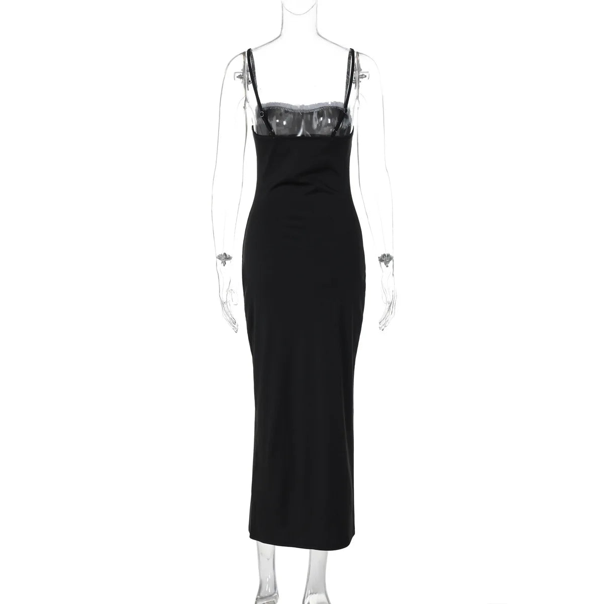 Contrast Lace Trim Bow Front Spaghetti Strap Bodycon Maxi Dress 13
