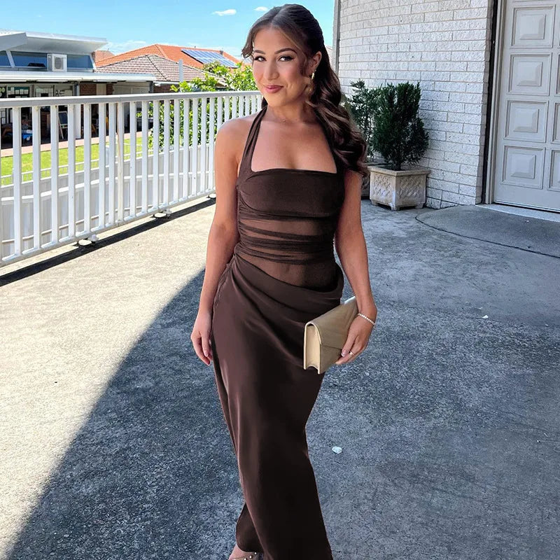 Mesh Halter Neck Backless Ruched Bodycon Maxi Dress