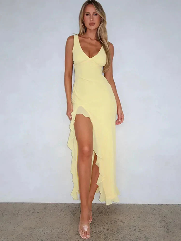 V-Neck Sleeveless Ruffle High Slit Maxi Dress