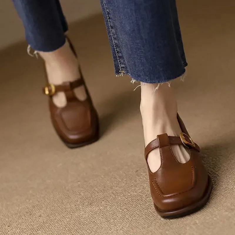 Square Toe T-Strap Buckle Mary Jane Flats