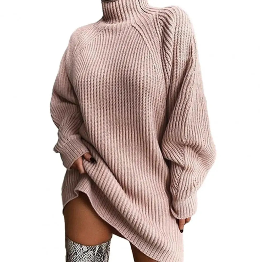 Turtleneck Long Sleeve Ribbed Sweater Dress