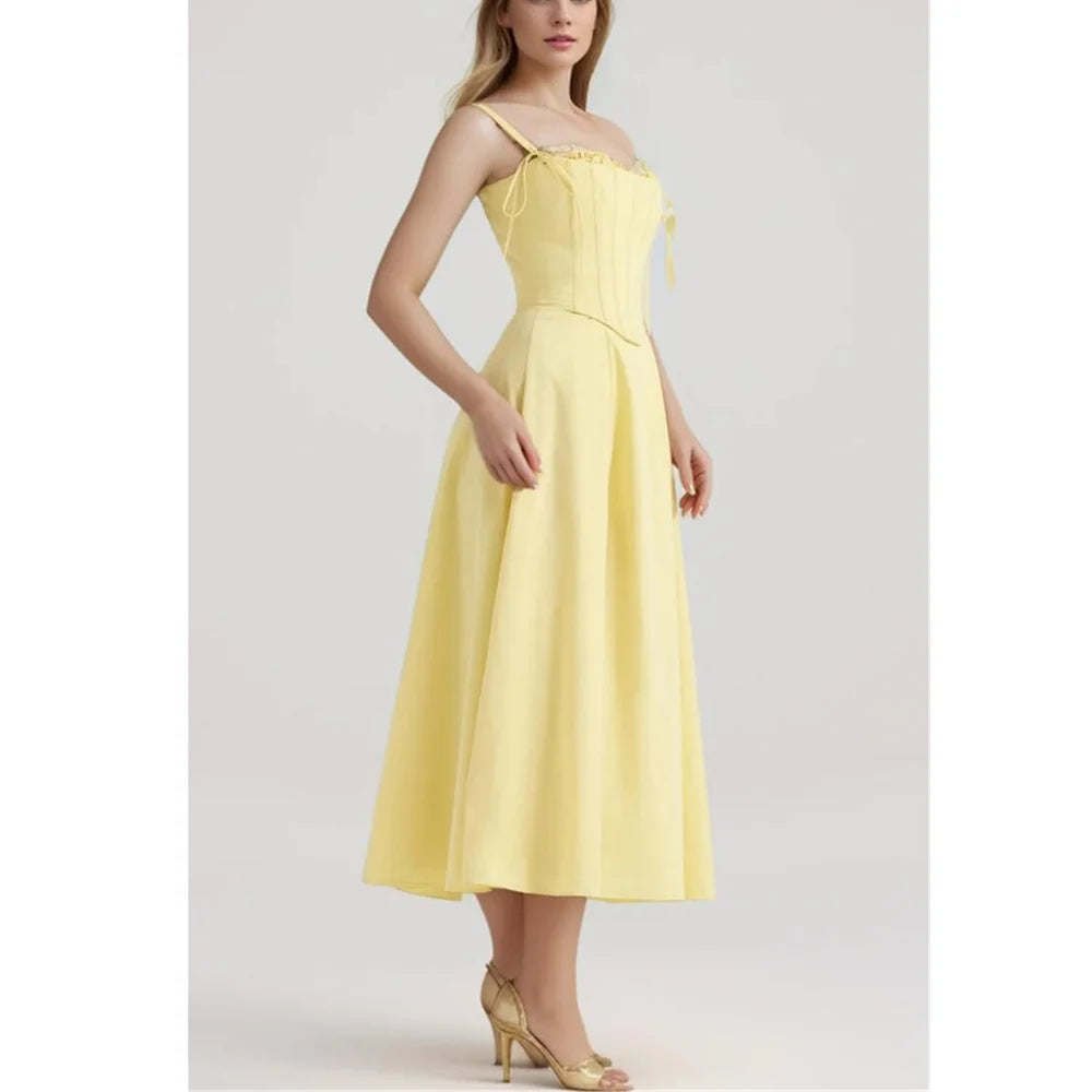 Corset Tie Shoulder Square Neck Ruffle High Split Midi Dress