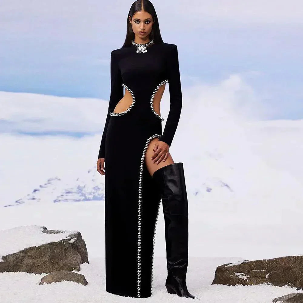 Cut Out Long Sleeve Beaded Trim High Split Bodycon Maxi Cocktail Dress