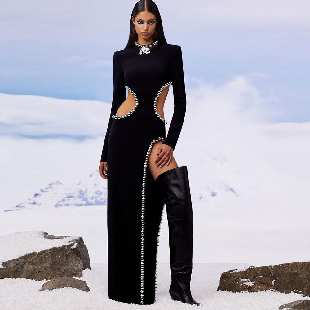 Mock Neck Long Sleeve Studded Cut Out High Split Maxi Dress 4