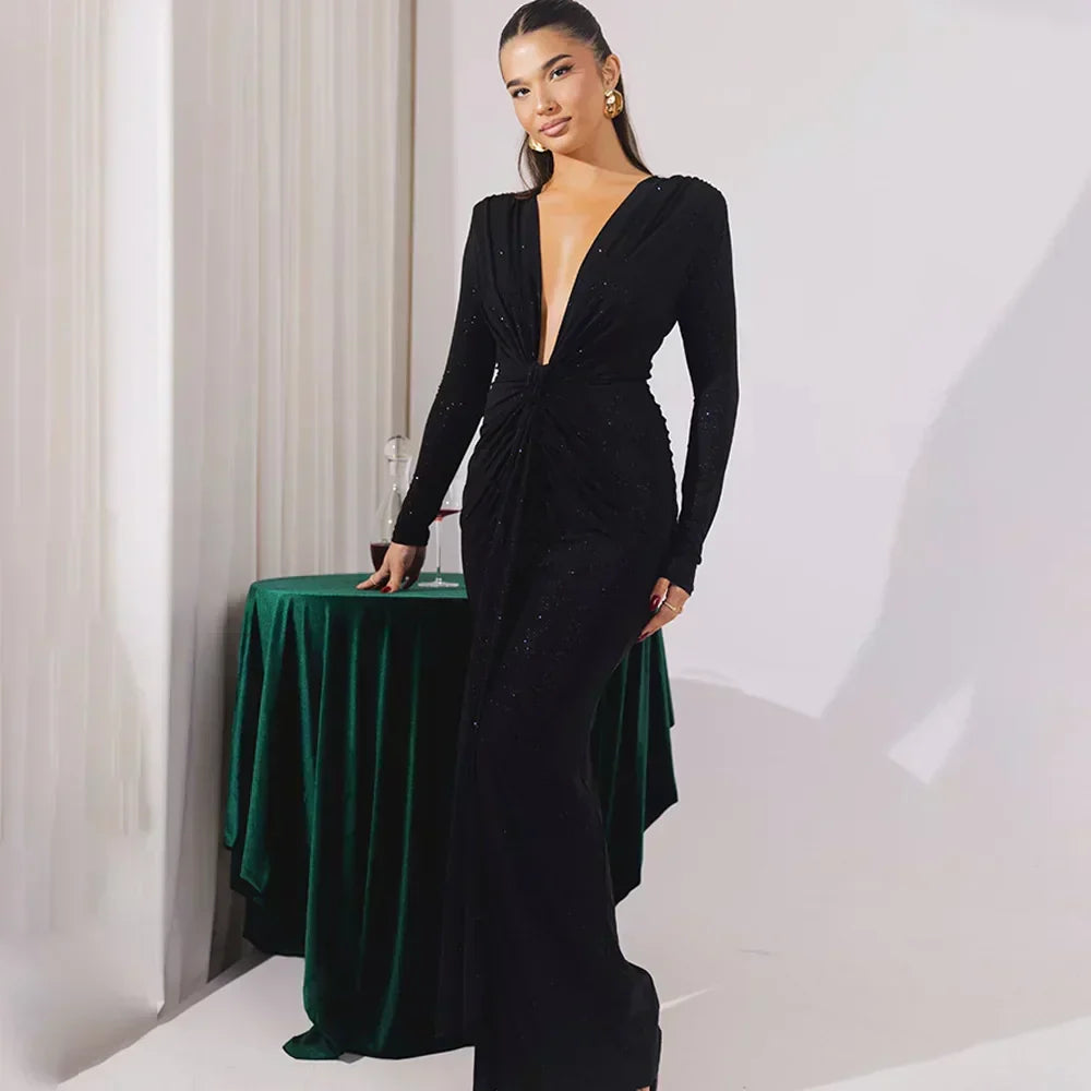 Glitter Deep V-Neck Long Sleeve Twist Front Ruched Maxi Dress 16