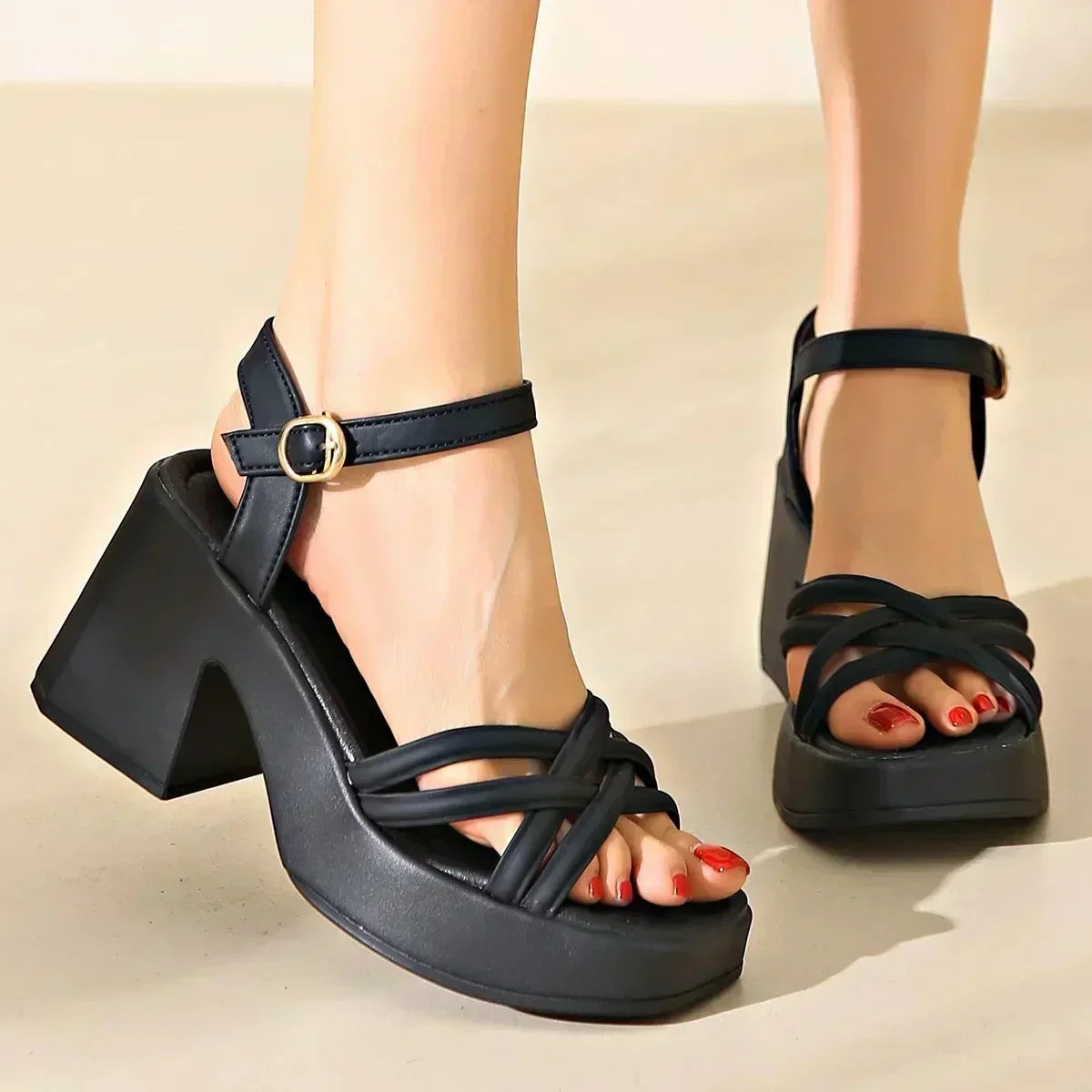 Open Toe Strappy Ankle Strap Chunky Platform Heeled Sandals